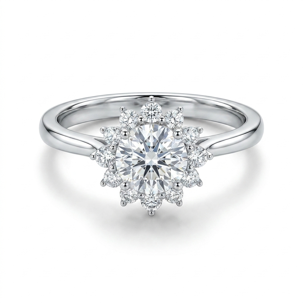 925 Silver Women’s Ring with a Sparkling Round Stone Surrounded by Elegant Encrusted Floral Details