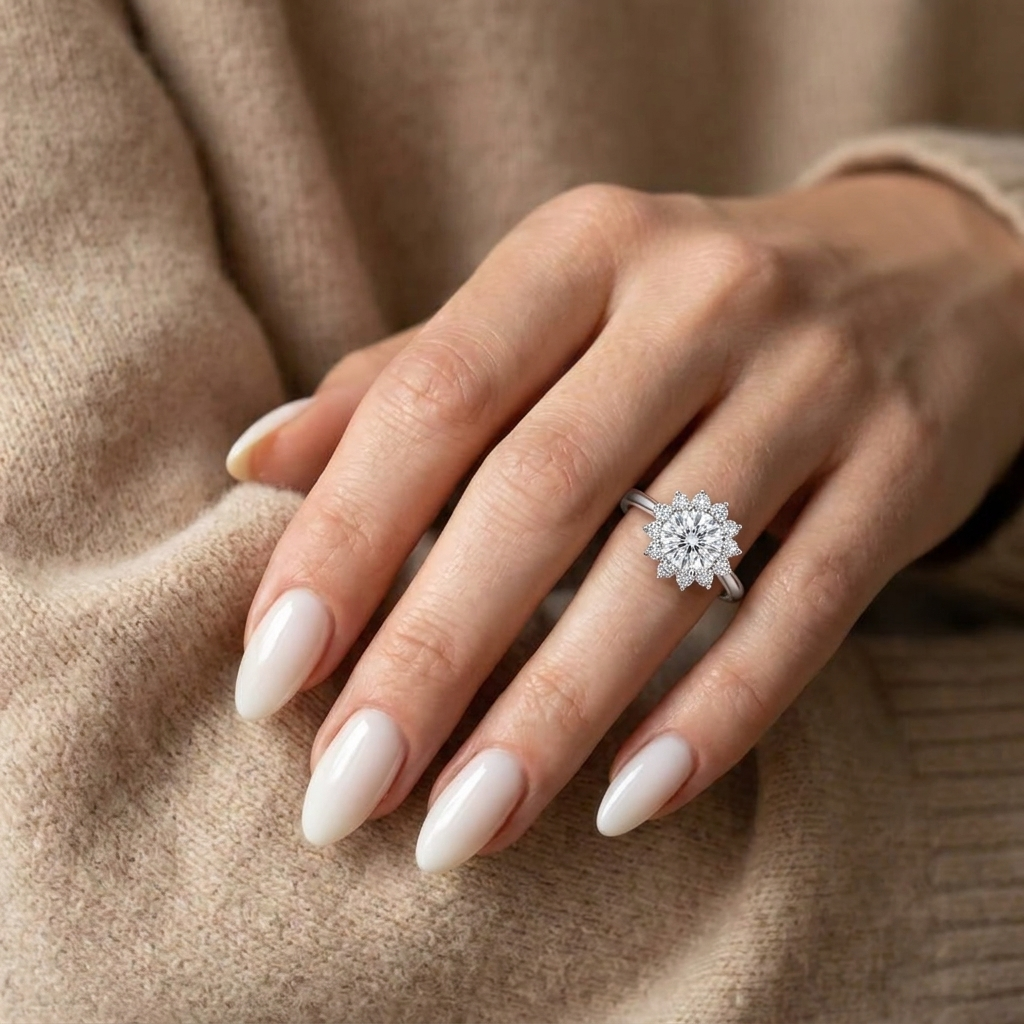925 Silver Women’s Ring with a Sparkling Round Stone Surrounded by Elegant Encrusted Floral Details