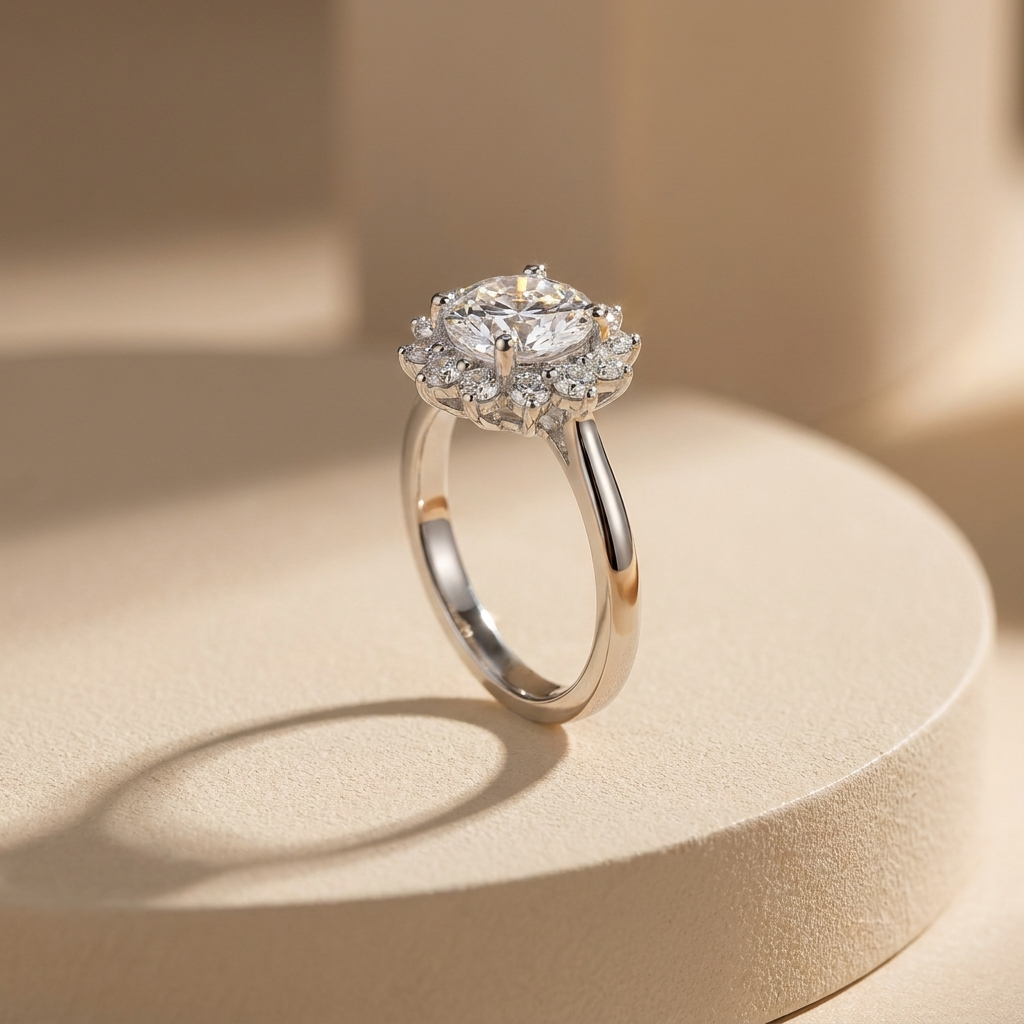 925 Silver Women’s Ring with a Sparkling Round Stone Surrounded by Elegant Encrusted Floral Details