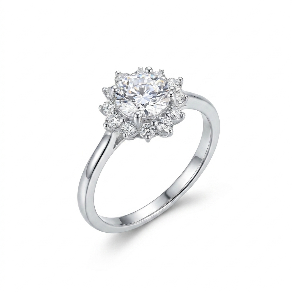 925 Silver Women’s Ring with a Sparkling Round Stone Surrounded by Elegant Encrusted Floral Details