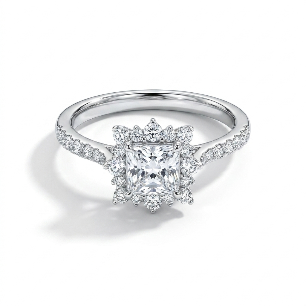 925 Silver Ring with a Sparkling Round Stone Surrounded by Elegant Encrusted Floral Details