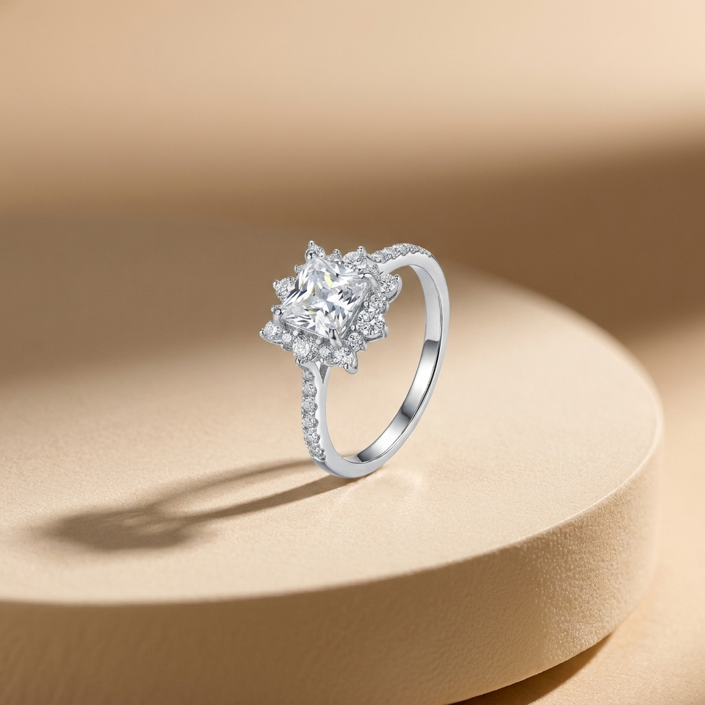 925 Silver Ring with a Sparkling Round Stone Surrounded by Elegant Encrusted Floral Details