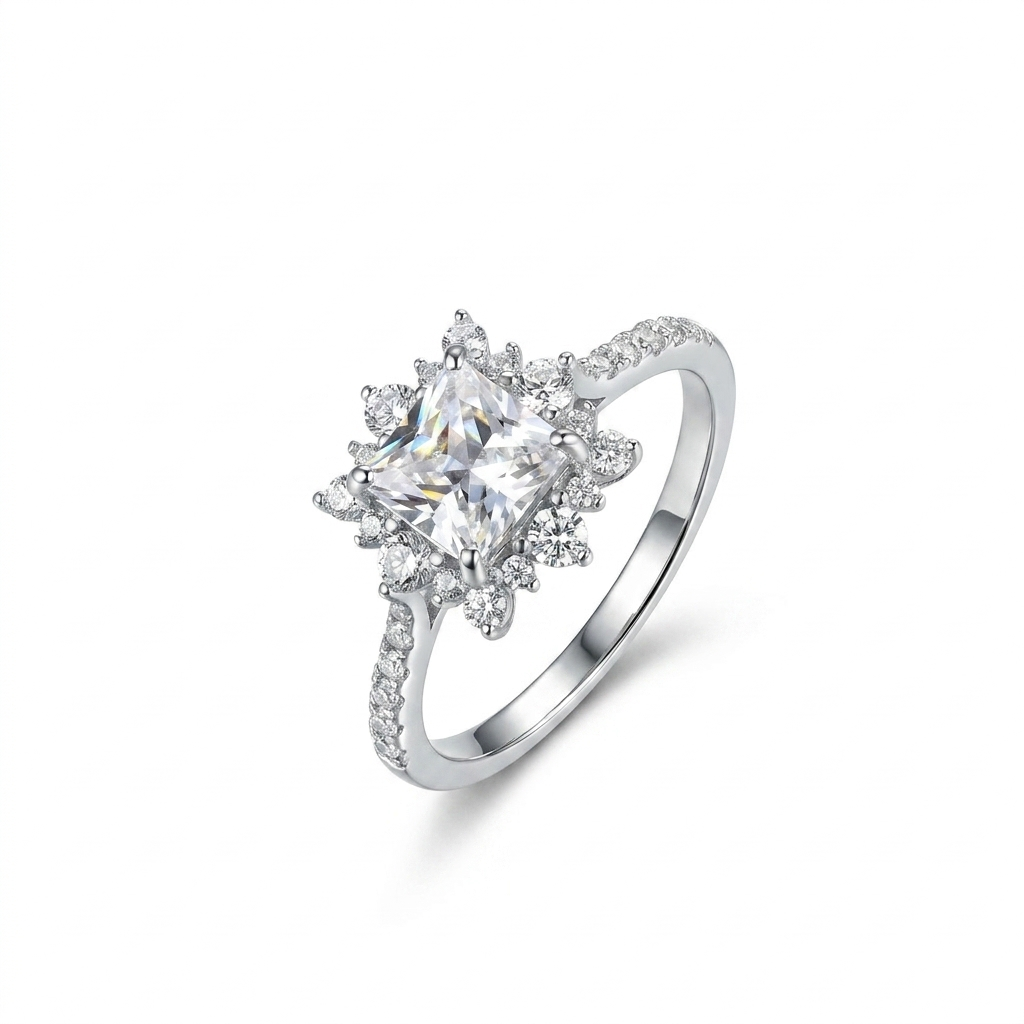 925 Silver Ring with a Sparkling Round Stone Surrounded by Elegant Encrusted Floral Details