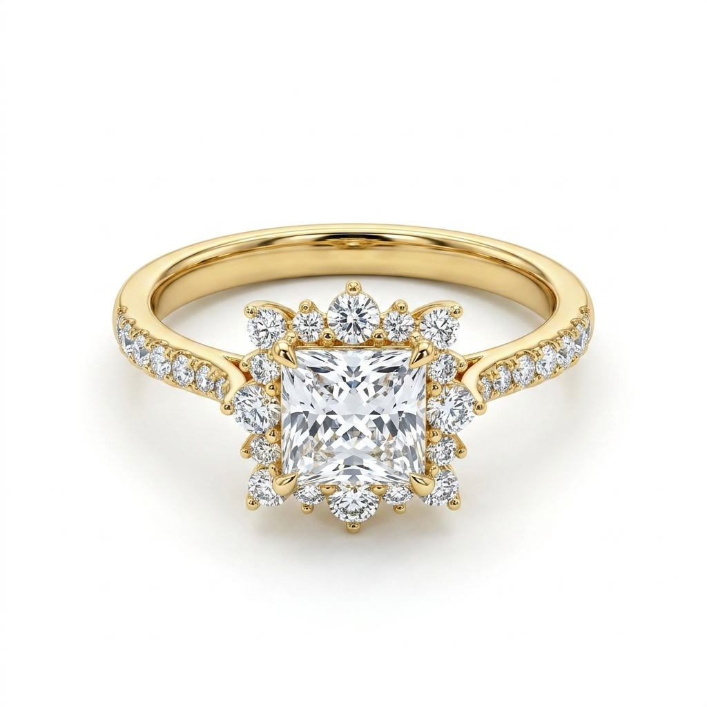 Gold-Plated Women’s Ring with a Sparkling Square Stone and Luxurious Encrusted Floral Design