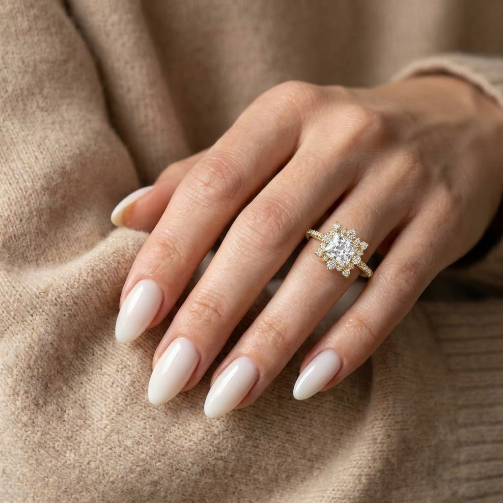 Gold-Plated Women’s Ring with a Sparkling Square Stone and Luxurious Encrusted Floral Design