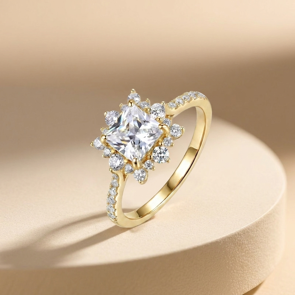 Gold-Plated Women’s Ring with a Sparkling Square Stone and Luxurious Encrusted Floral Design