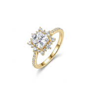 Gold-Plated Women’s Ring with a Sparkling Square Stone and Luxurious Encrusted Floral Design