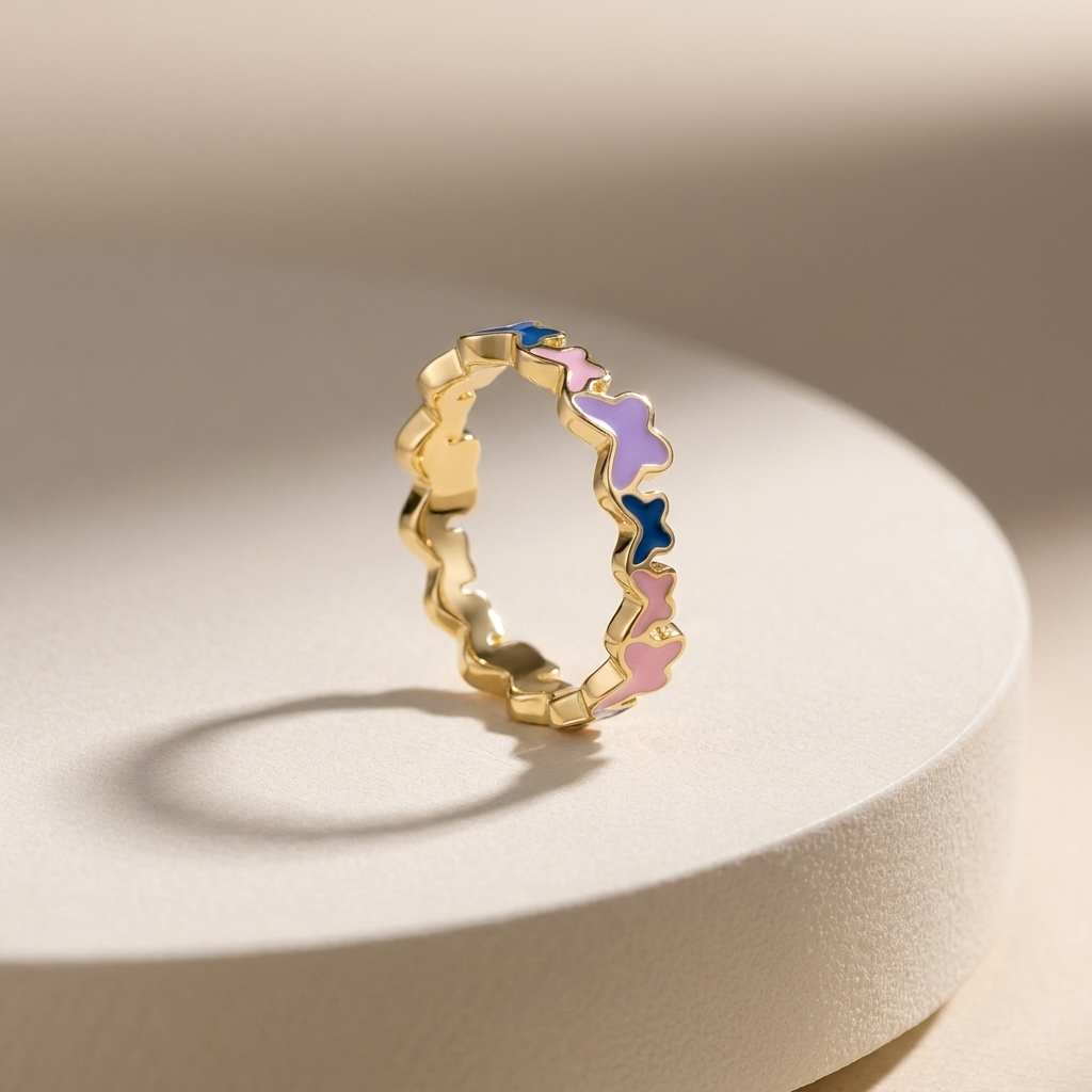 Gold-Plated Women’s Ring with a Colorful Butterfly Design in Shades of Purple, Pink, and Blue