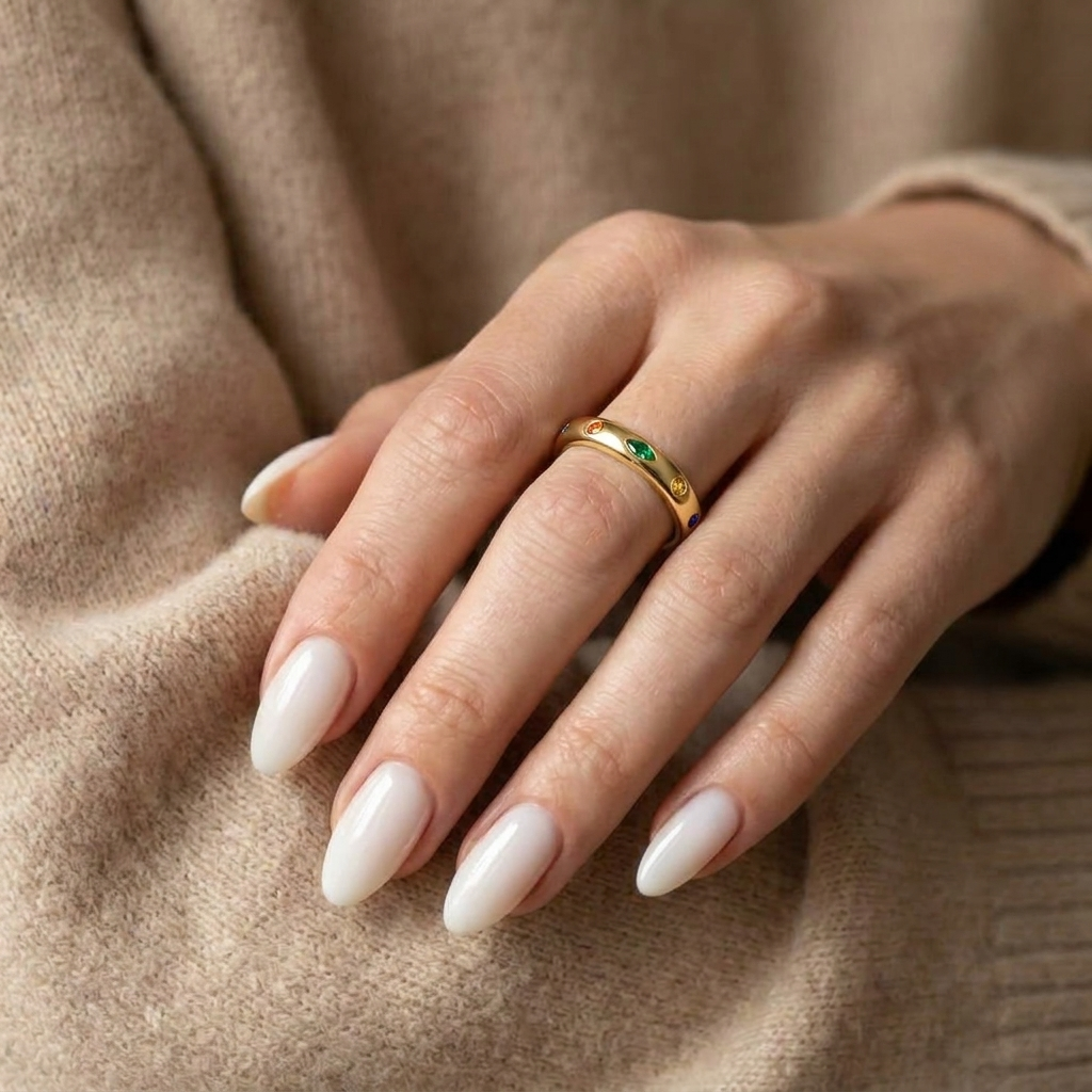 Gold-Plated Women’s Ring with a Delicate Design Encrusted with Colorful Stones