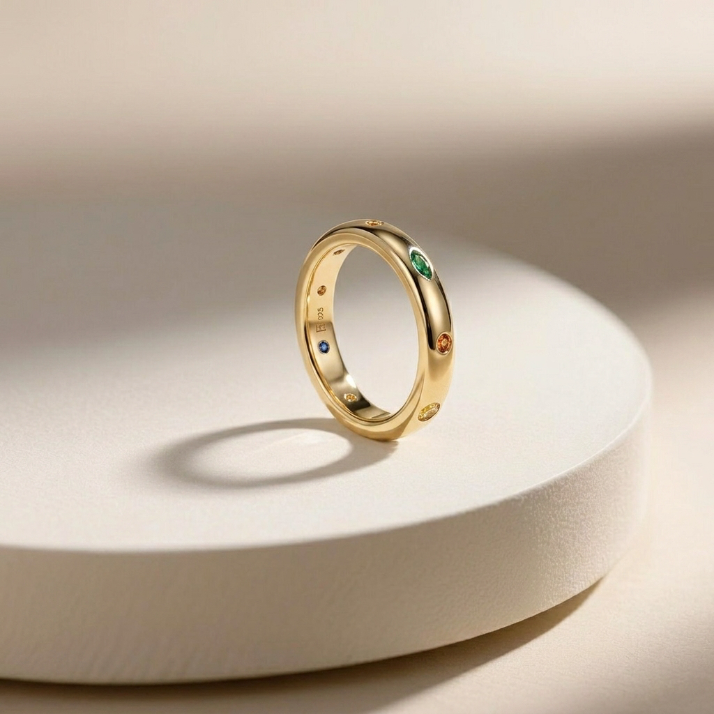 Gold-Plated Women’s Ring with a Delicate Design Encrusted with Colorful Stones
