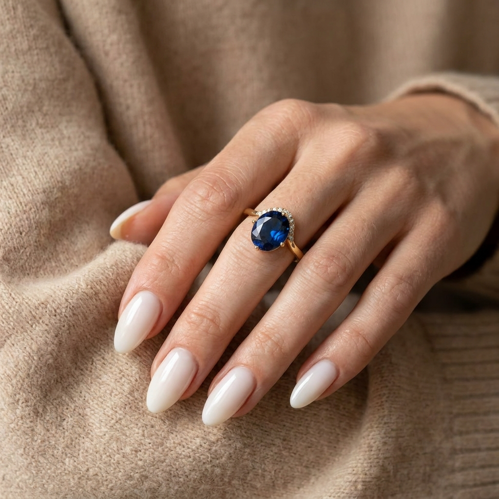 925 Silver Gold-Plated Ring with an Oval Navy Stone and Flowing Encrusted Frame