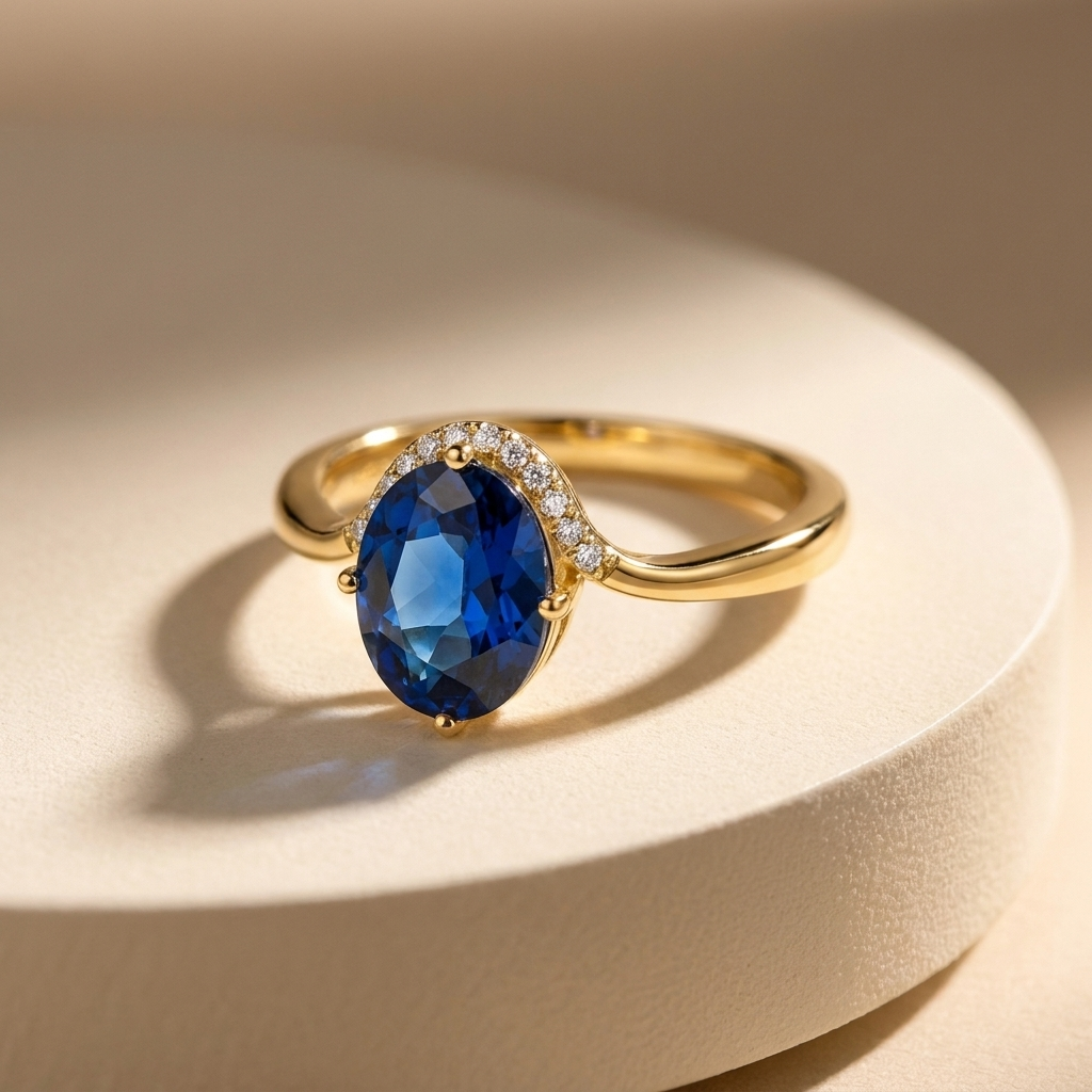 925 Silver Gold-Plated Ring with an Oval Navy Stone and Flowing Encrusted Frame