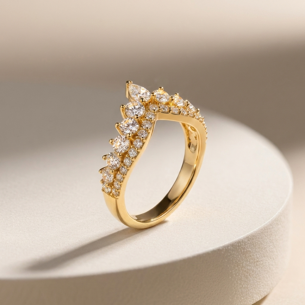 925 Silver Gold-Plated Crown Design Ring Adorned with Sparkling Stones