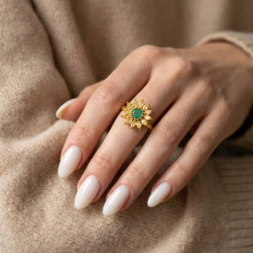 925 Silver Gold-Plated Ring Adorned with Yellow Stones and a Green Stone