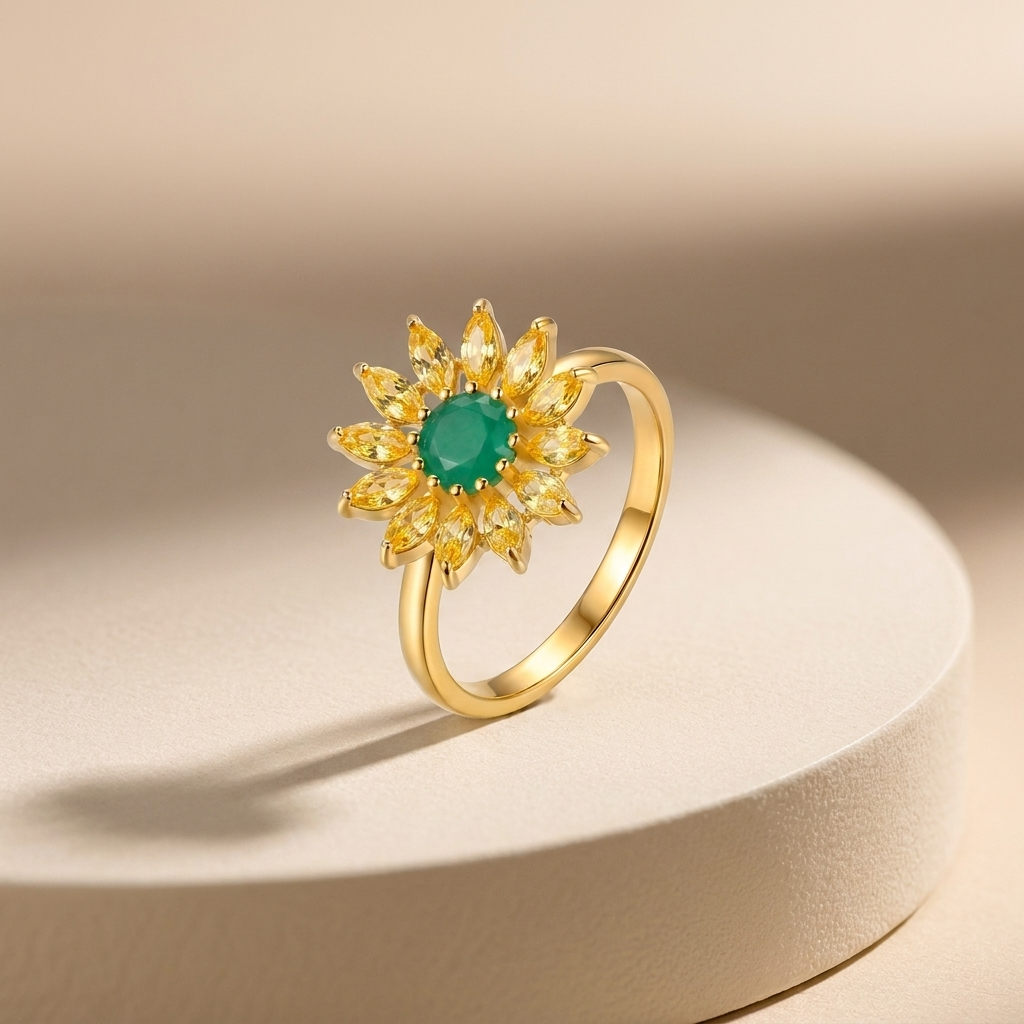 925 Silver Gold-Plated Ring Adorned with Yellow Stones and a Green Stone