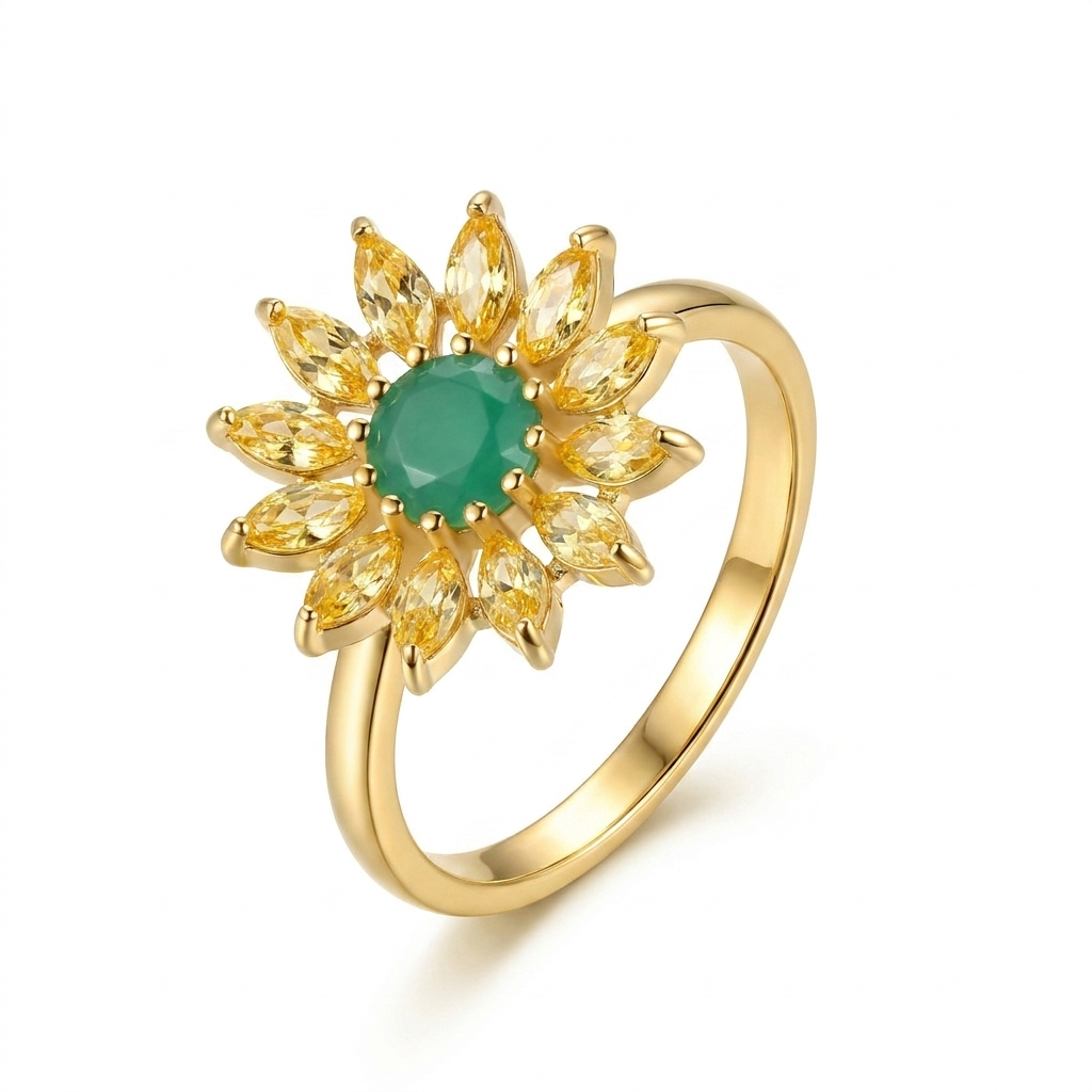 925 Silver Gold-Plated Ring Adorned with Yellow Stones and a Green Stone