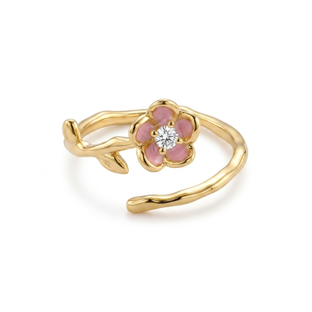 925 Silver Open Ring with Branch Design and Pink Flower
