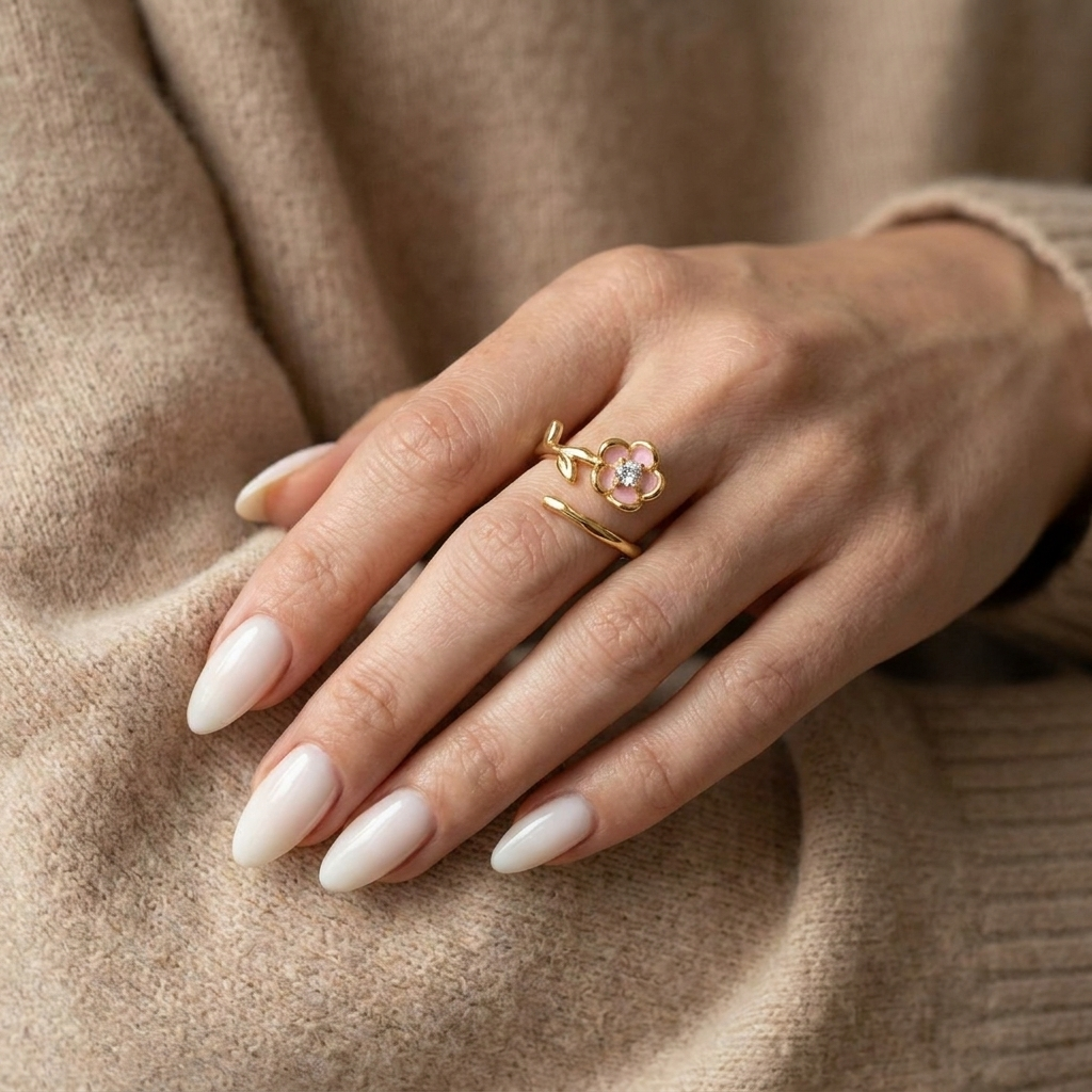 925 Silver Open Ring with Branch Design and Pink Flower