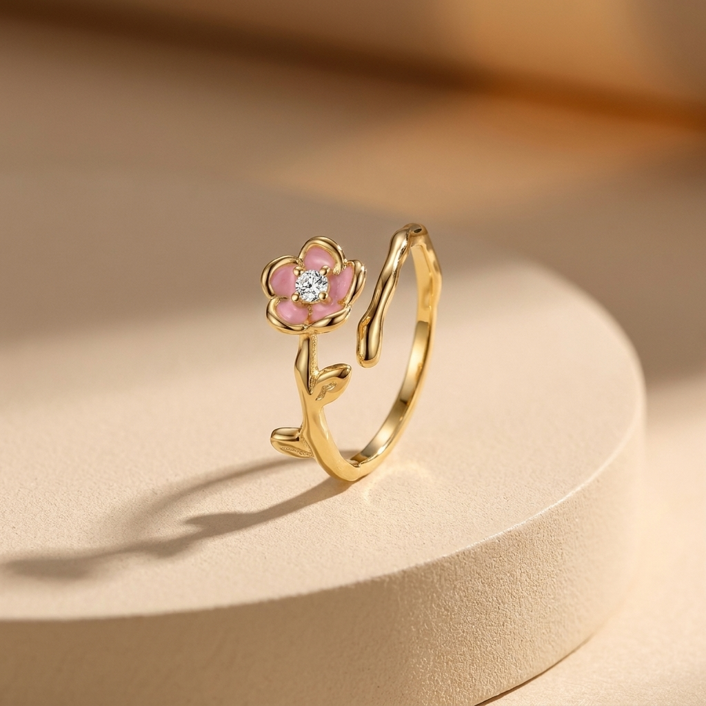 925 Silver Open Ring with Branch Design and Pink Flower