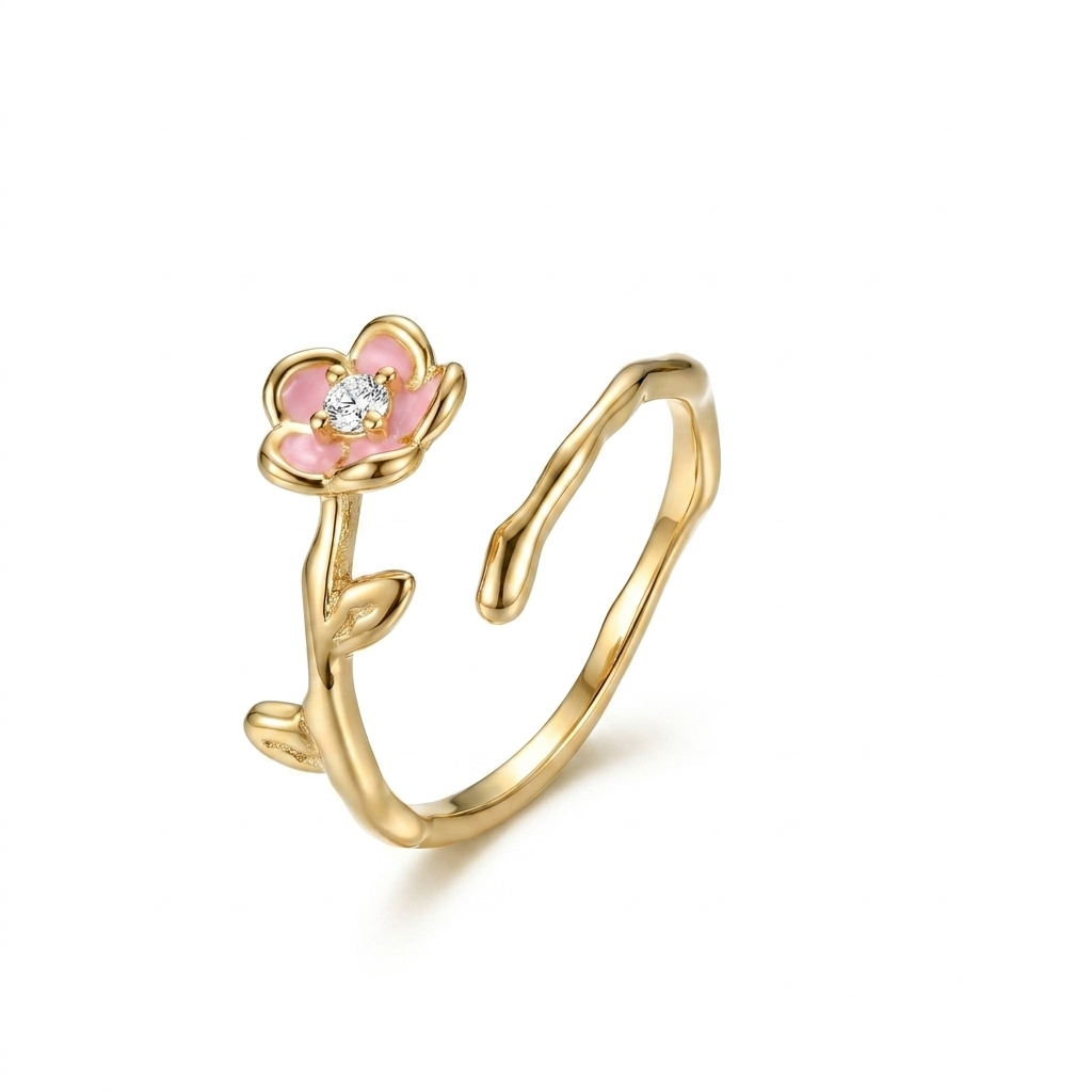 925 Silver Open Ring with Branch Design and Pink Flower