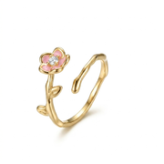 925 Silver Open Ring with Branch Design and Pink Flower