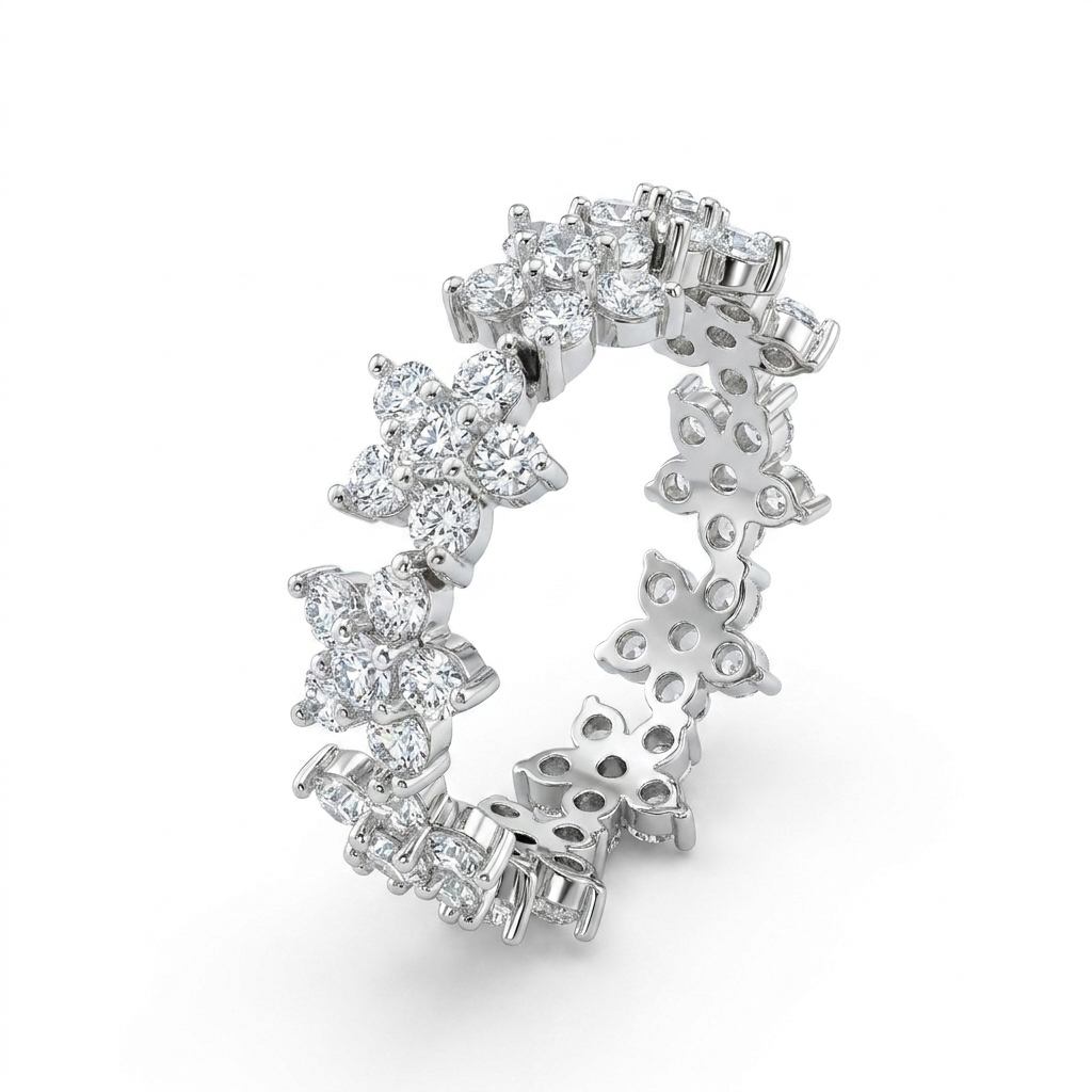 925 Silver Ring with Consecutive Flowers Adorned with Luxurious Stones