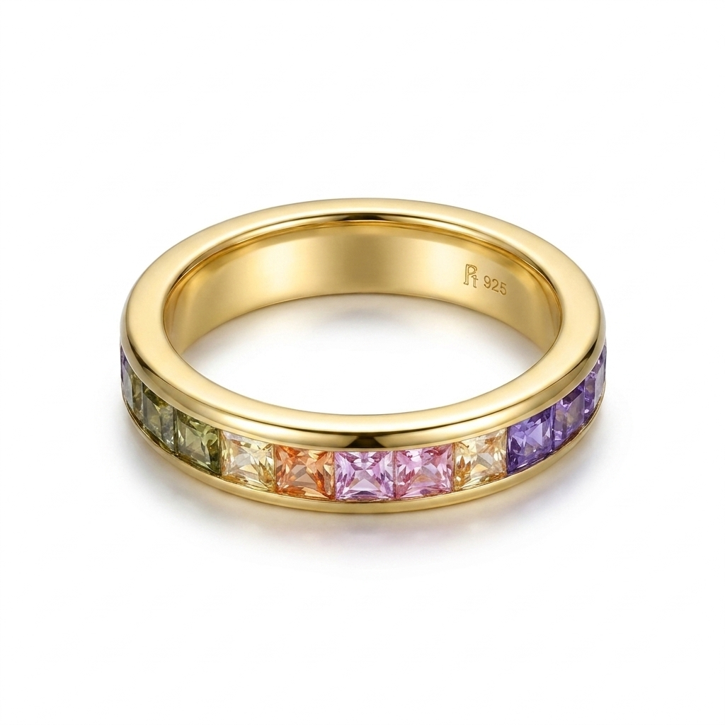 925 Silver Gold-Plated Ring Adorned with Colorful Stones