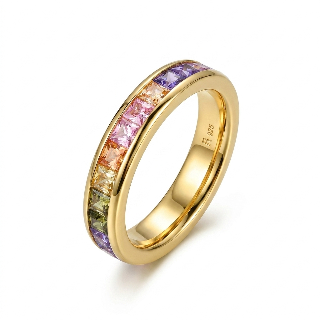 925 Silver Gold-Plated Ring Adorned with Colorful Stones