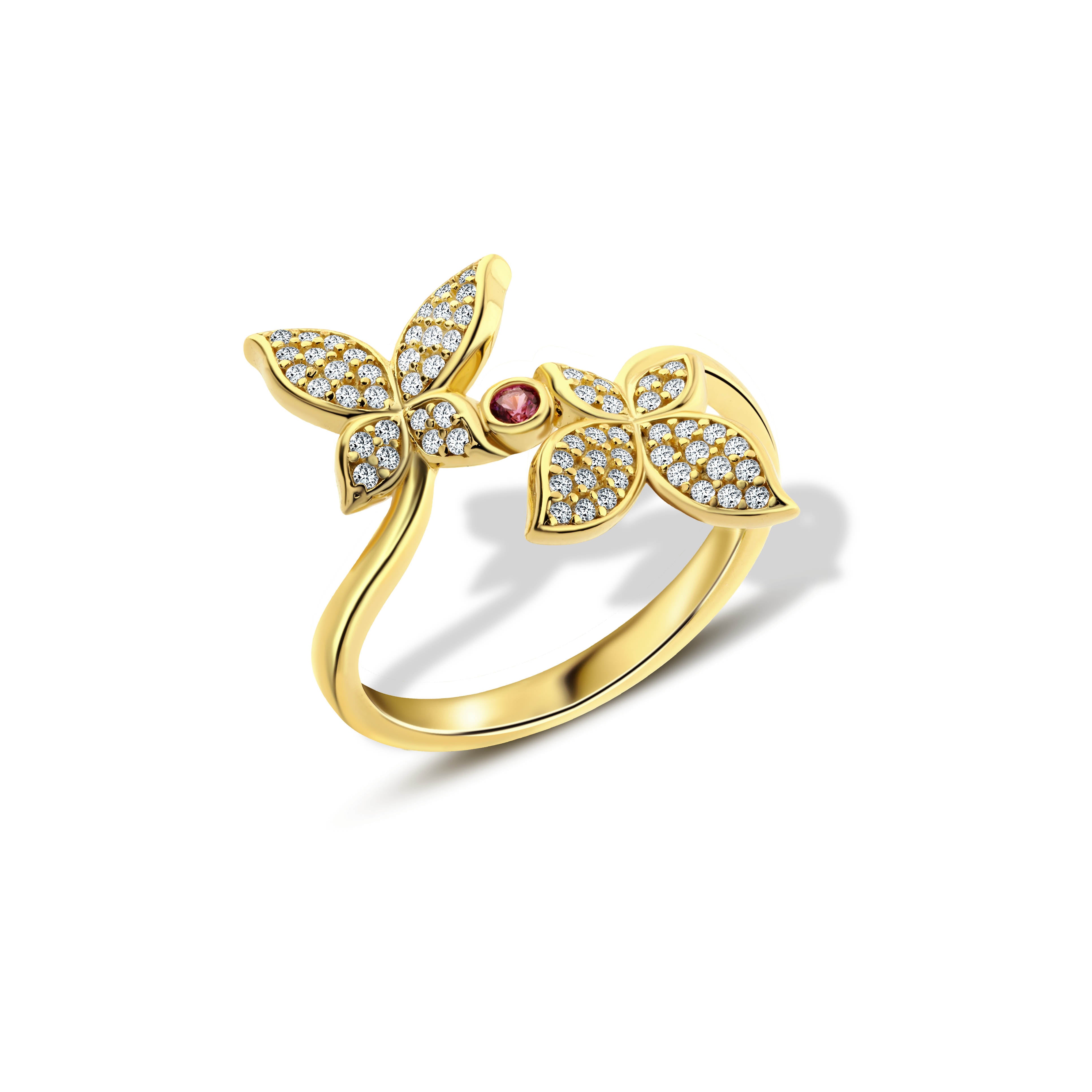 خاتم فراشة بحجر وردي في المنتصف فضة عيار 925 مطلي ذهب