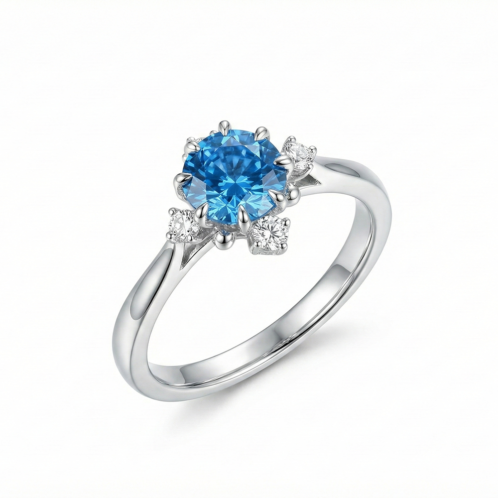 خاتم فضة عيار 925 بفص أزرق وفصوص لامعة