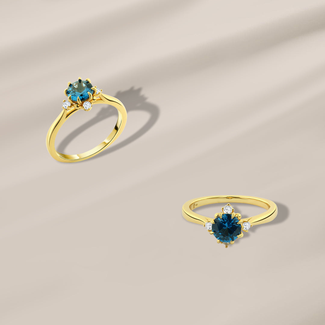 925 Silver Gold-Plated Ring with a Sparkling Blue Stone and Zircon
