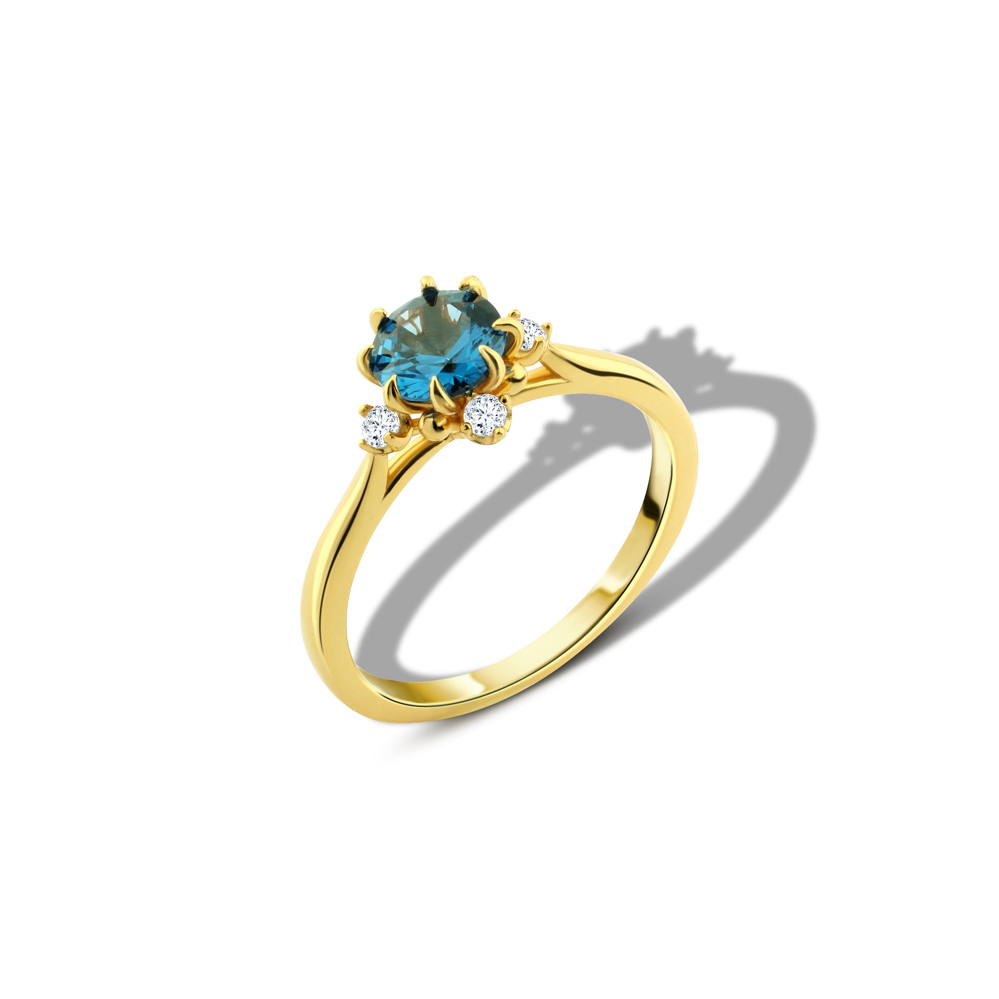 خاتم فضة 925 مطلي ذهب بحجر أزرق لامع مع زركون