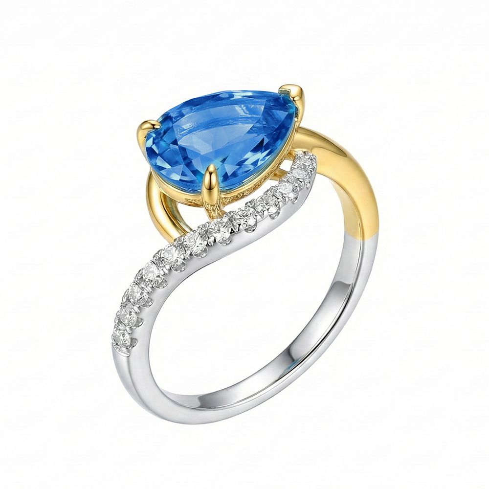 خاتم فضة 925 مطلي ذهب بفص أزرق وفصوص لامعة