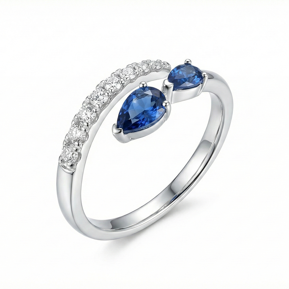 خاتم فضة عيار 925 بتصميم مفتوح وفصوص زرقاء