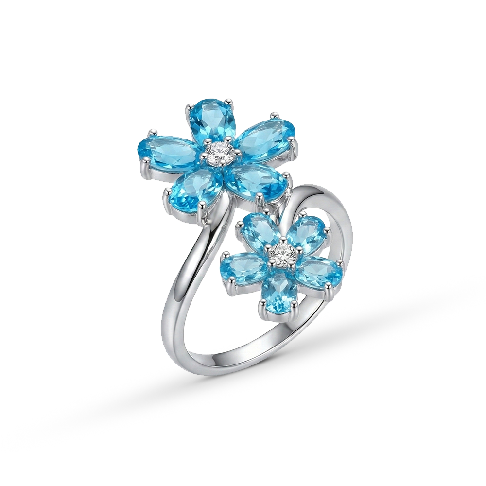 خاتم فضة عيار 925 بتصميم زهور وفصوص زرقاء