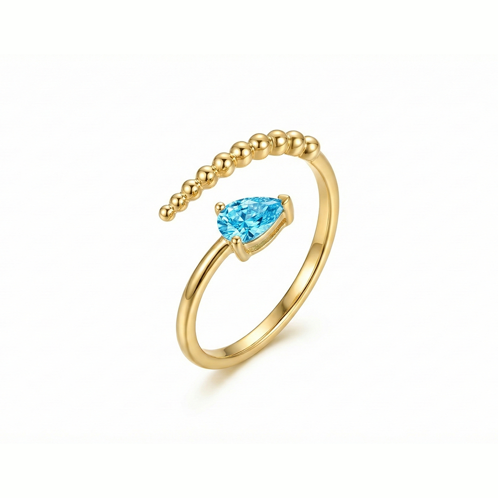 خاتم فضة عيار 925 مطلي ذهب بتصميم مفتوح وفص أزرق