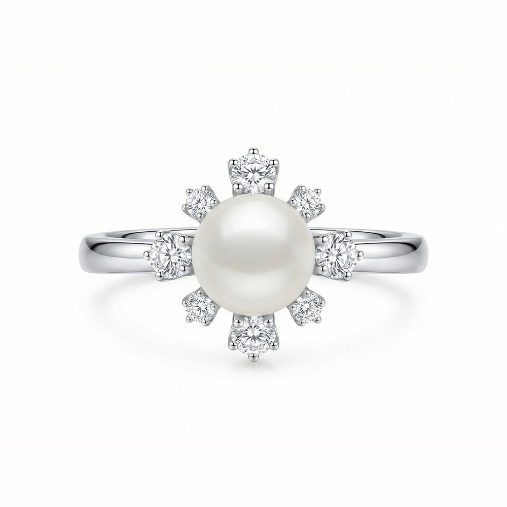 خاتم فضة عيار 925 بفص لؤلؤ محاط بفصوص لامعة