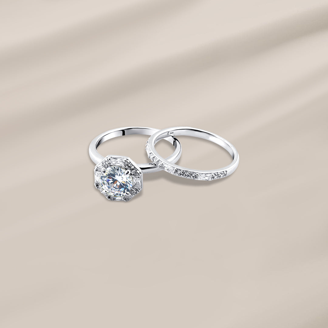 توينز فضة 925 بحجر زركون لامع مع خاتم مرصع بالزركون