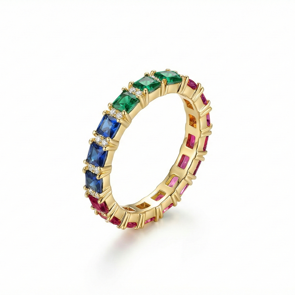 خاتم فضة عيار 925 مطلي ذهب بفصوص ملونة