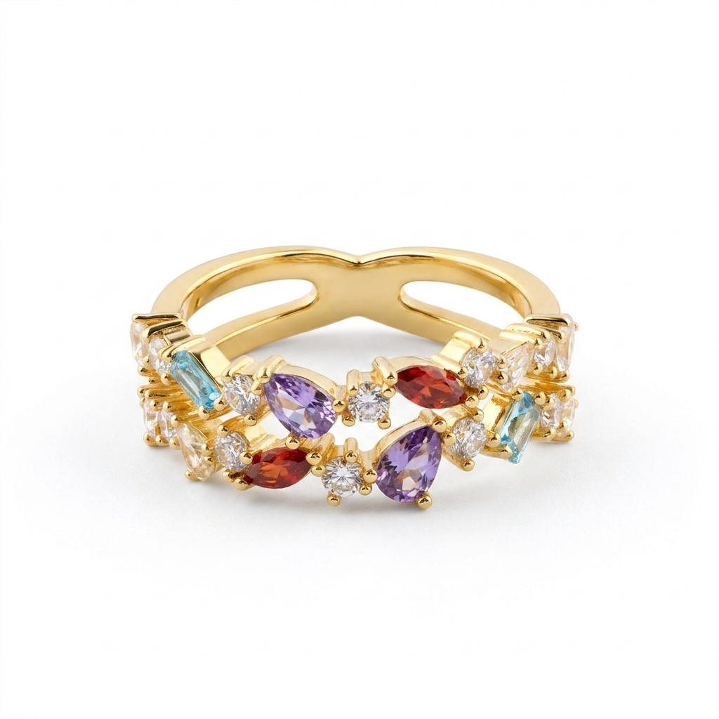 925 Silver Gold-Plated Ring with Multicolored Stones