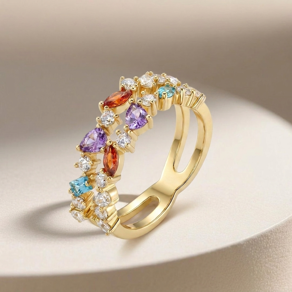925 Silver Gold-Plated Ring with Multicolored Stones