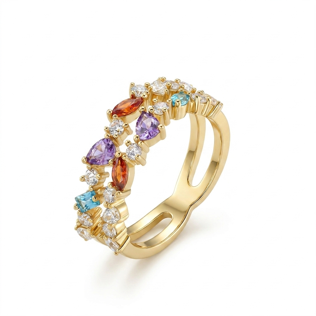 925 Silver Gold-Plated Ring with Multicolored Stones
