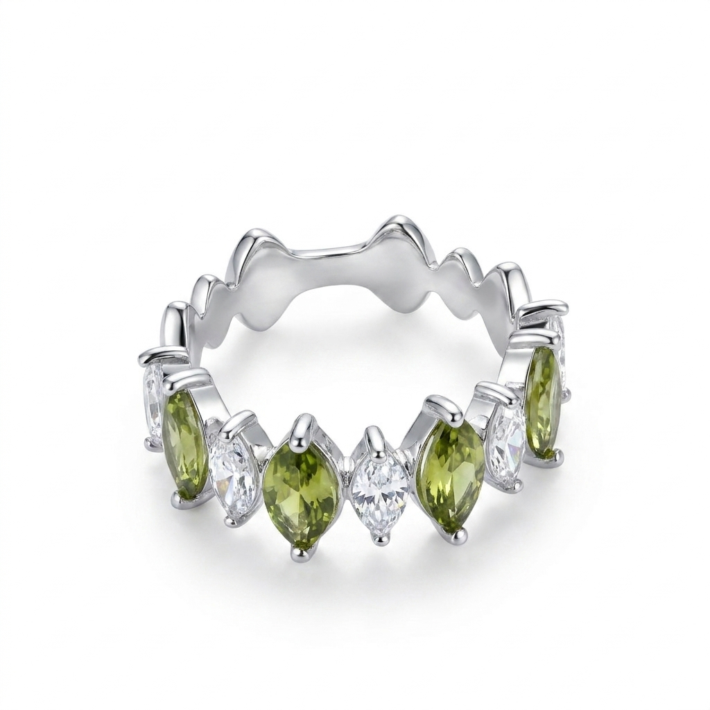 925 Silver Ring with Harmoniously Arranged Sparkling Green Stones