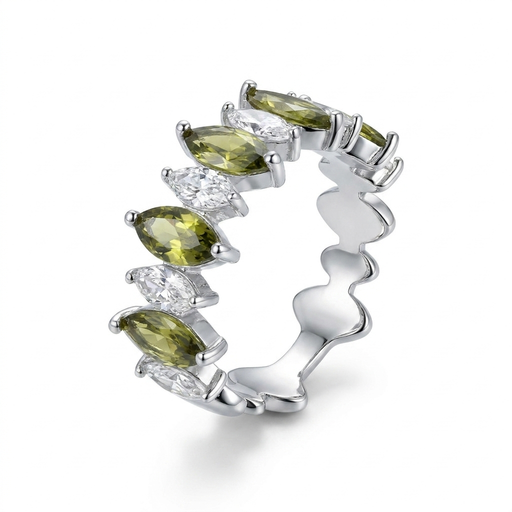 925 Silver Ring with Harmoniously Arranged Sparkling Green Stones