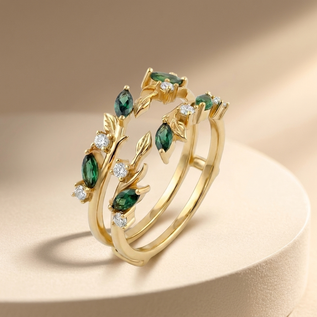 925 Silver Branch and Leaf Ring Adorned with Green Stones