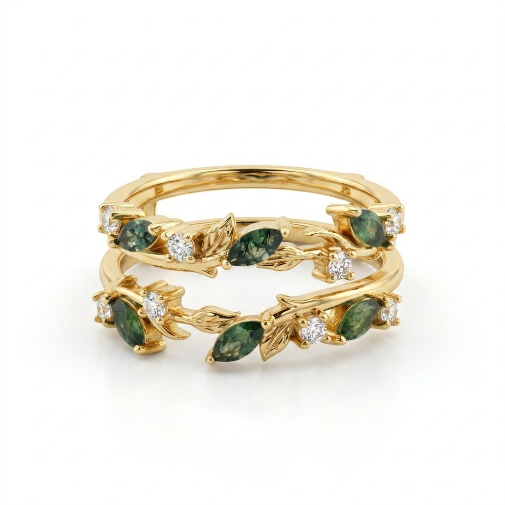 925 Silver Branch and Leaf Ring Adorned with Green Stones