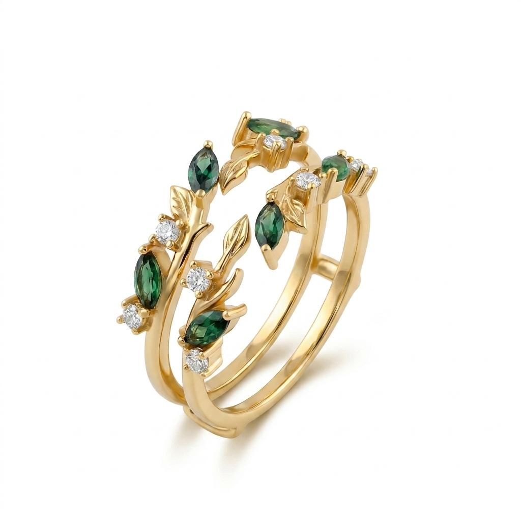 925 Silver Branch and Leaf Ring Adorned with Green Stones