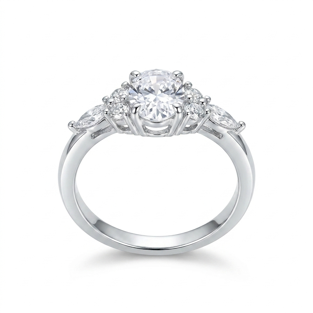 925 Silver Elegant Ring with a Sparkling Round Stone and Side Details