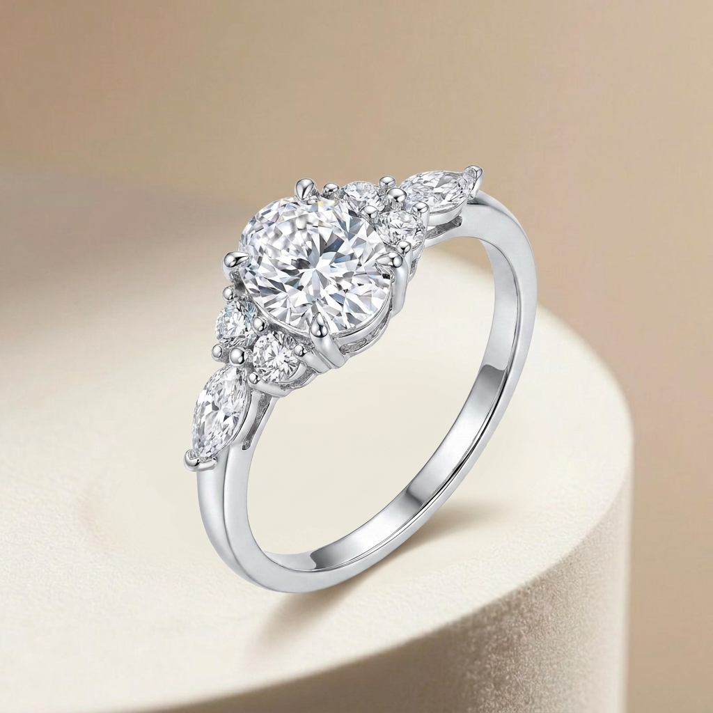 925 Silver Elegant Ring with a Sparkling Round Stone and Side Details