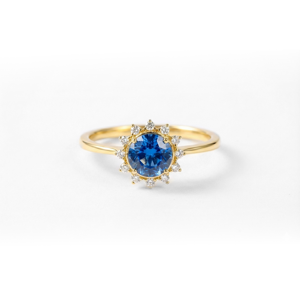 خاتم فضة 925 مرصع بفص أزرق دائري - مطلي ذهب